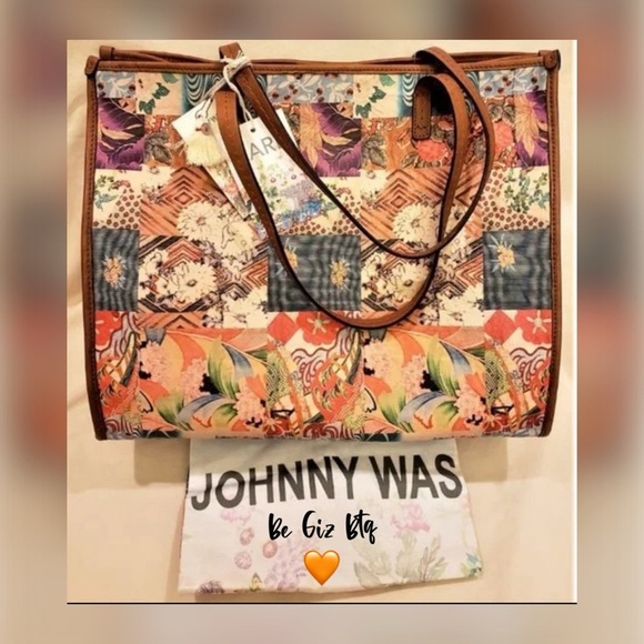 🆕 Johnny Was Grace Iconic Patchwork Tote Bag Tan Leather Iconic Patchwork Design - Picture 2 of 16
